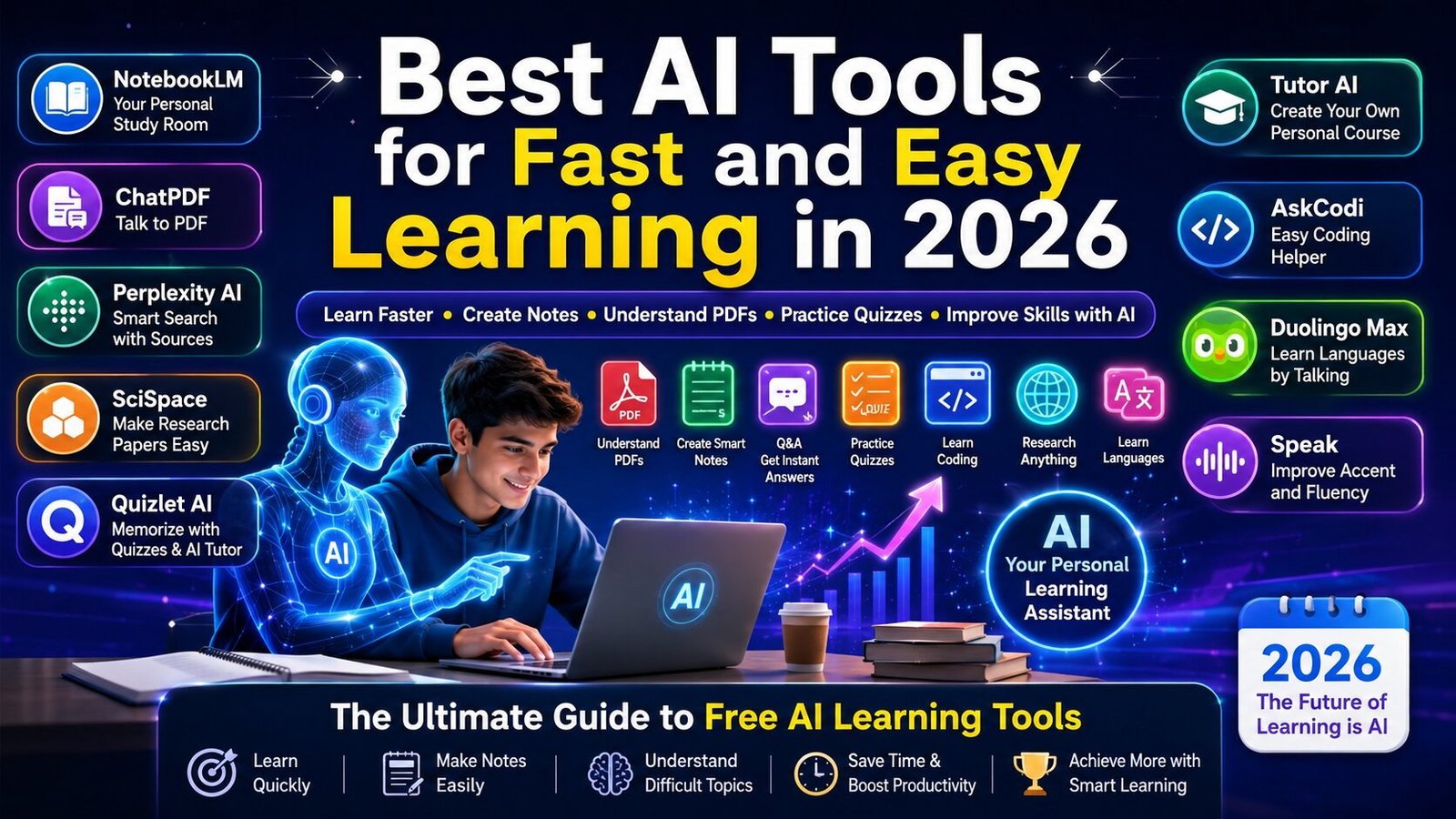 Best AI Tools for Fast and Easy Learning in 2026 featuring NotebookLM, ChatPDF, Perplexity AI, Quizlet AI, Tutor AI, AskCodi, Duolingo Max and other AI study tools for students.