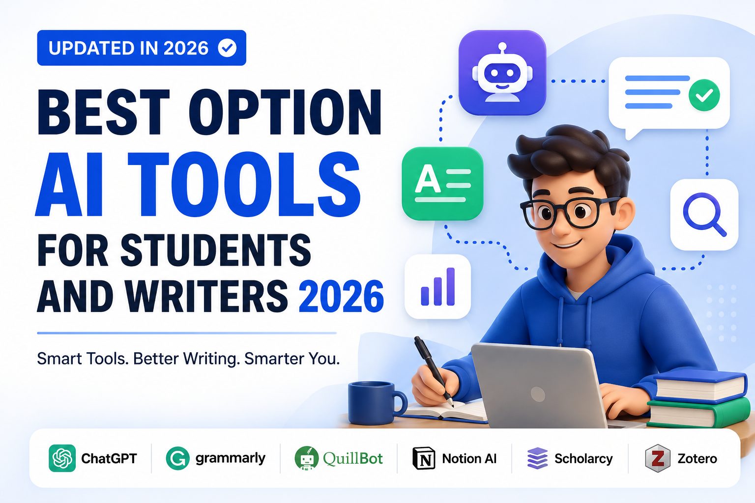 Best AI Tools for Students and Writers 2026 featuring ChatGPT, Grammarly, QuillBot, Notion AI, Scholarcy, and Zotero