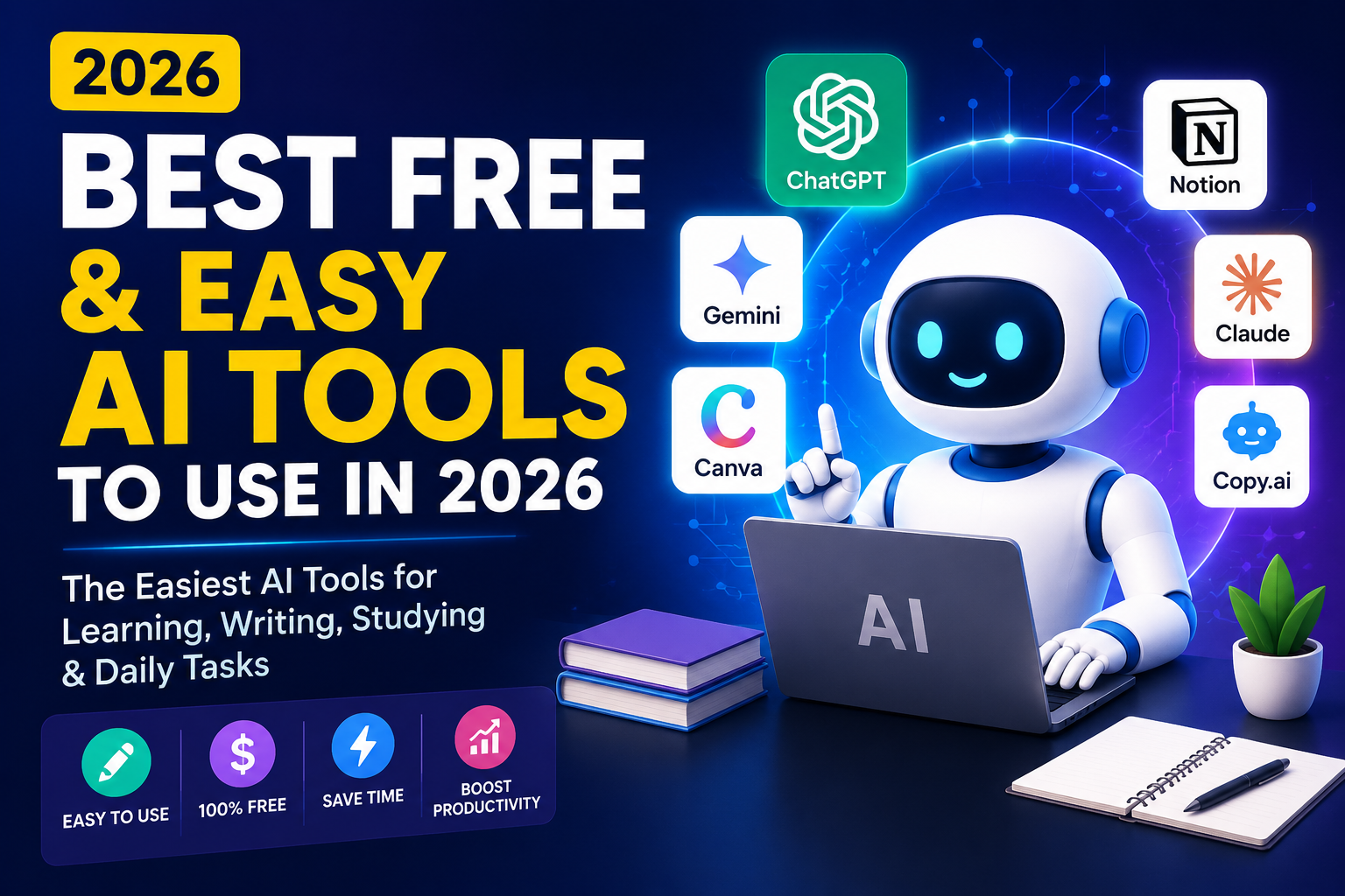 Best Free and Easy AI Tools to Use in 2026 for beginners including ChatGPT, Gemini, Canva, Claude and Notion