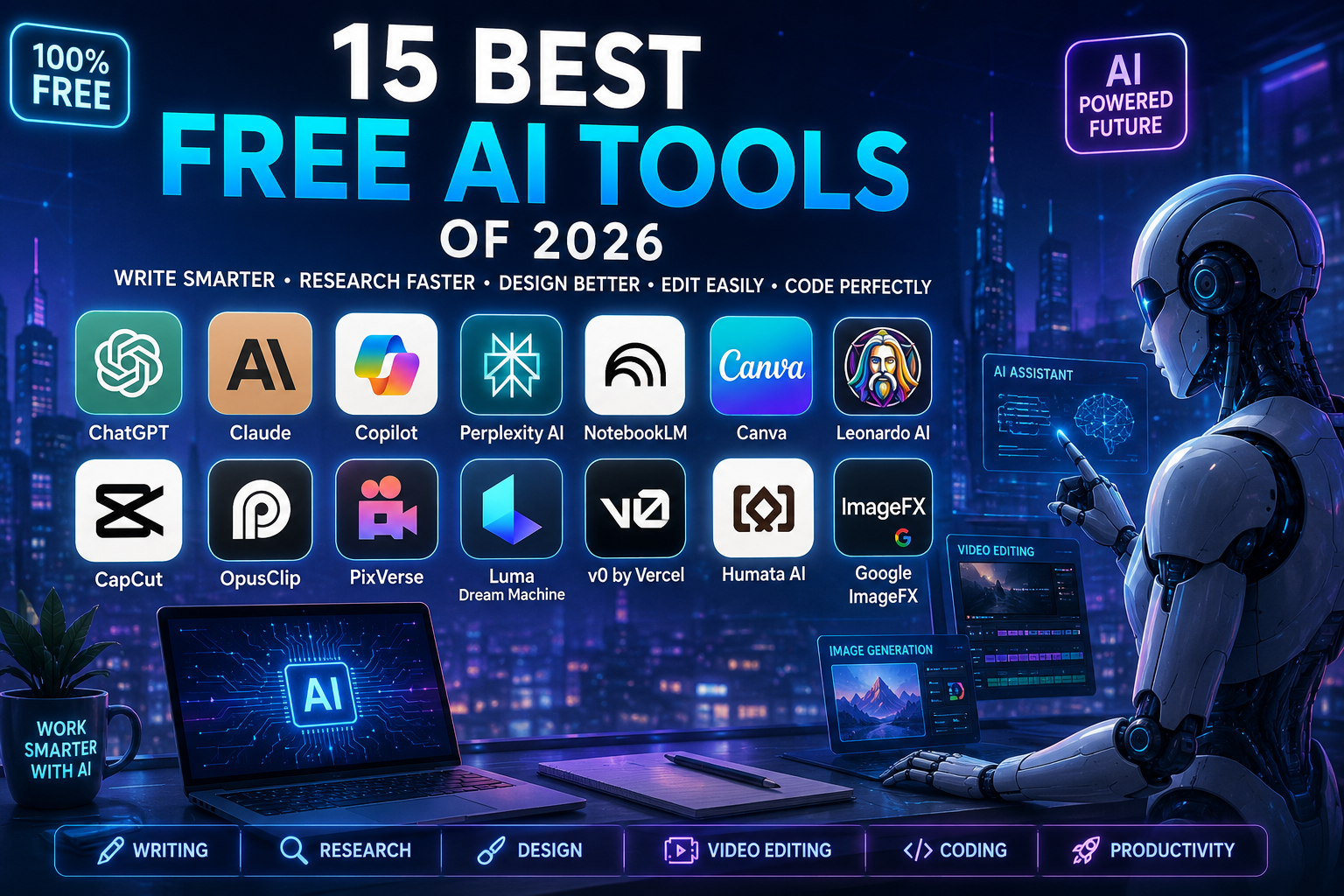 Best Free AI Tools of 2026 featuring ChatGPT, Claude, Copilot, Canva, CapCut and other free AI tools for writing, research, design and video editing